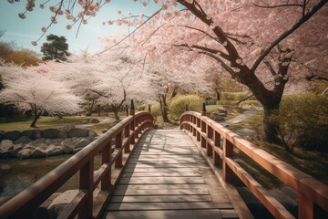 Cherry blossoms in full bloom at end of wooden bridge in Japanese park. Springtime scenery in Japan known for sakura. Generative AI