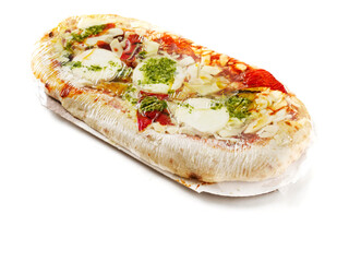 Italian style uncooked pizza on white background. Premium product with high quality ingredients.