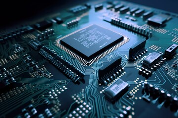 An electronic based circuit board and the CPU in the style of dark navy and sky-blue created with Generative AI technology