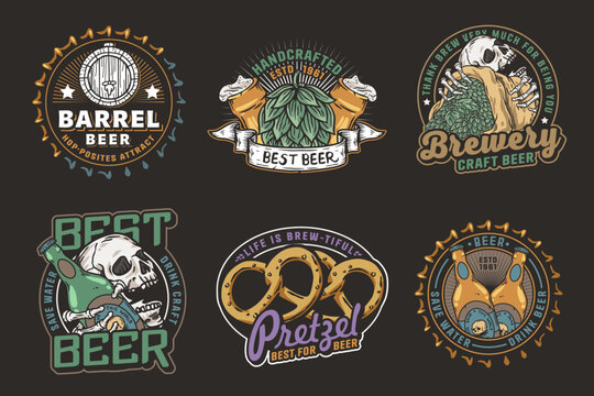Beer set of brew emblems or craft beer logos with beer cap, can, hop, skeleton and bottle. Labels or prints with skull, beer glass and barly for bar, pub or brewery shop