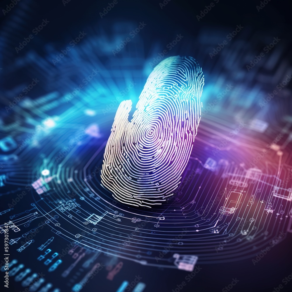 Poster fingerprint scanning unlock and access to business data network. generative ai