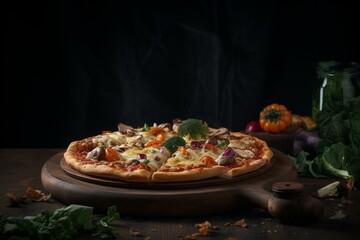 Vegetable pizza on rustic plate, against dark backdrop. Generative AI