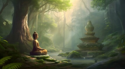 meditating buddha in forest sitting in lotus position