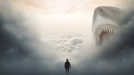 person in the sky staring at shark