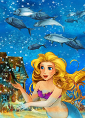 Fototapeta na wymiar Cartoon ocean and the mermaid in underwater kingdom swimming with fishes - illustration for children artistic painting scene