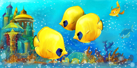 Fototapeta premium cartoon scene with fishes in the beautiful underwater kingdom coral reef - illustration for children artistic painting scene