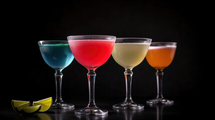 Glasses of cold tasty daiquiri cocktail on dark background, generative ai