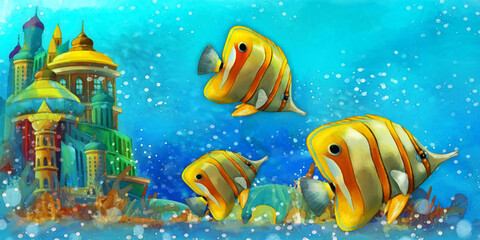 Plakat cartoon scene with fishes in the beautiful underwater kingdom coral reef - illustration for children artistic painting scene