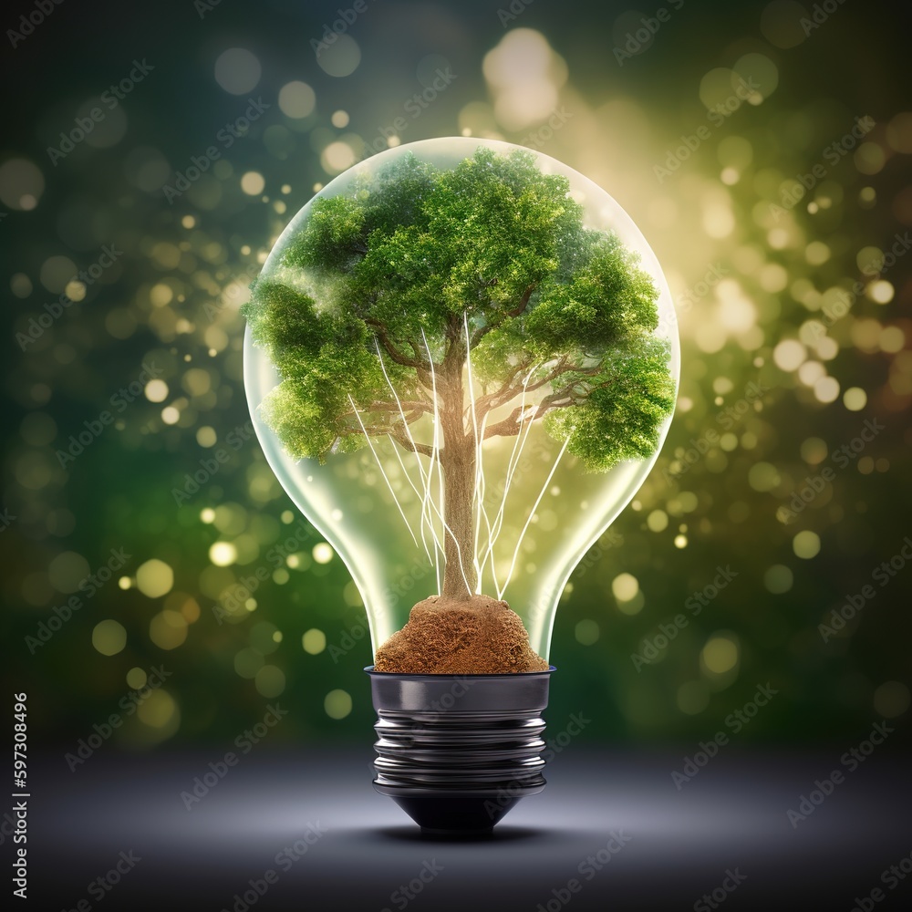 Poster light bulb is a green tree with an energy resources icon. electricity and energy conservation are co