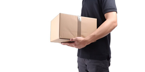 Closeup hands of delivery man holding package to deliver. Courier holding cardboard box isolated on transparent background. Delivery service. Generative AI.