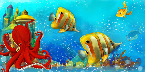 Obraz na płótnie Canvas cartoon scene with fishes in the beautiful underwater kingdom coral reef - illustration for children artistic painting scene