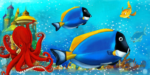 Fototapeta premium cartoon scene with fishes in the beautiful underwater kingdom coral reef - illustration for children artistic painting scene
