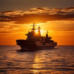 Fototapeta premium military ship on sunset. generative ai