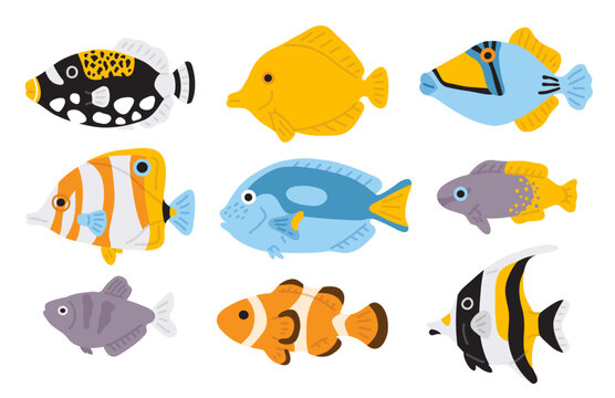 Vector illustration set of cute doodle fishes for digital stamp,greeting card,sticker,icon,summer design