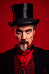 studio shot of evil man in top hat on red background Generated AI image