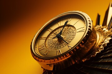 3D pattern of vintage gold clock with arrow on yellow backdrop. Generative AI
