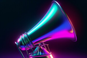 A chrome megaphone rendered in 3D and illustrated using neon light. Generative AI