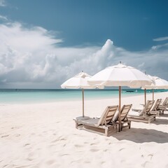 Background concept of travel tourism with white sand, chairs, and umbrella. generative ai