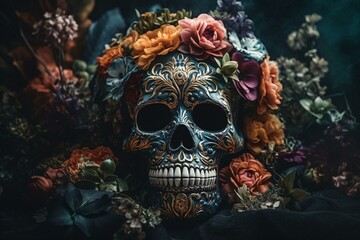 Colorful skull and masks adorned with flowers for ceremonial use. Generative AI