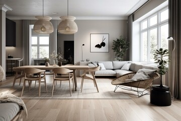 Modern Scandinavian apartment's interior design with living and dining room. Panoramic 3D rendering. Generative AI