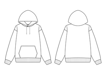 Blank White Hoodie Mock-Up Template on White Background, Front and Back View	