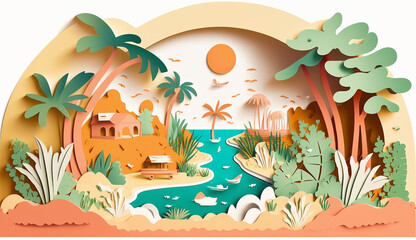 Fototapeta na wymiar Island Oasis A Playful Illustration of a Tropical. Generative AI