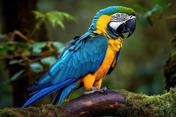vibrant blue and yellow parrot perched on a tree branch. Generative AI