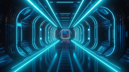 Futuristic neon tunnel with glowing lamps and reflections Generative AI