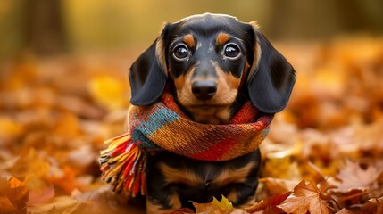 TECKEL dog in autumn leaves