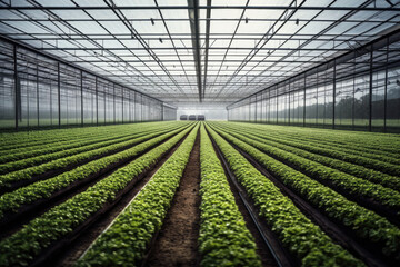 A striking image of a vast greenhouse filled with rows of flourishing plants in the foreground area, with a photo taken from above. Generative Ai