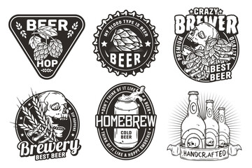 Fototapeta premium Beer set of designs with beer cap, can, hop, skeleton and bottle. Skull, beer glass, barly, bone hand and bottle for brewery or bar. Craft beer vector logos or emblems for pub and store