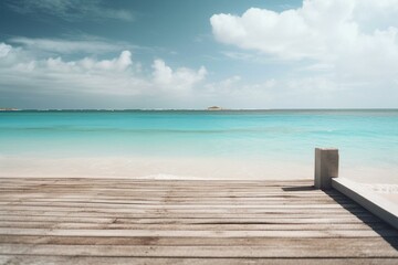 Mockup of white wooden pier against blurry Caribbean beach background. Generative AI