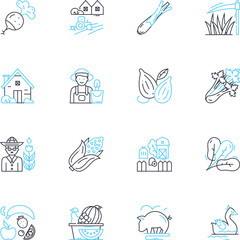 Farming technology linear icons set. Precision, Irrigation, Automation, Dr, Hydroponics, Sensors, Sustainability line vector and concept signs. Fertilizer,GPS,Harvesting outline illustrations