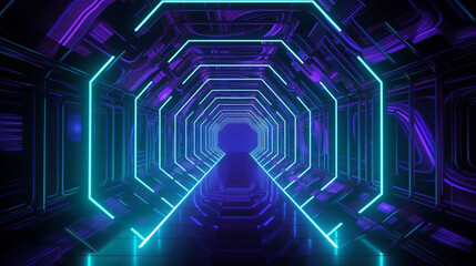 Abstract Digital Tunnel with Futuristic Neon Lights Generative AI