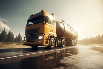 Speeding fuel truck on highway in 3D. Oil, gas. Rendering. Generative AI
