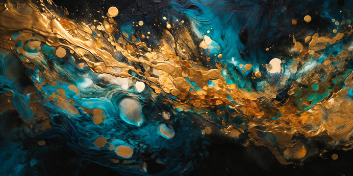 abstract painting of blue with swirling black and gold spheres