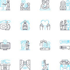 Elderly care linear icons set. Companionship, Mobility, Nutrition, Independence, Safety, Dignity, Memory line vector and concept signs. Health,Socialization,Support outline illustrations
