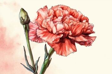 Watercolor illustration of a carnation. Decoration for Mother's Day. Generative AI