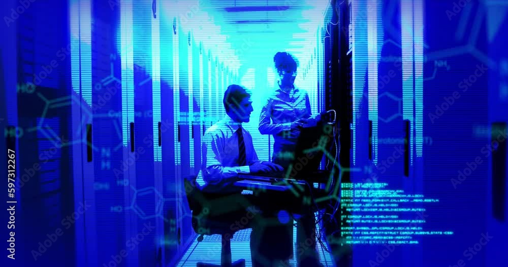 Poster animation of data processing over diverse it technicians by computer servers