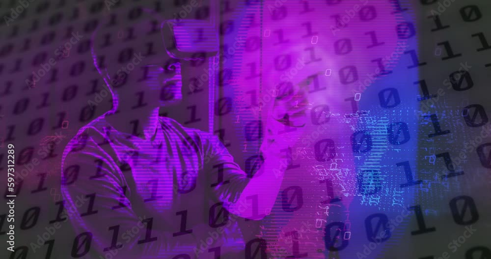 Poster animation of binary coding data processing with african american man in vr headset