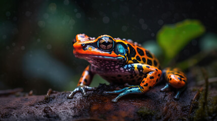Fototapeta premium Colorful frog perched on a tree at the edge of water showing reflection in the water with blur background, generative ai