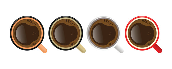 set of coffee cups on white background. colorful coffee mugs Top View