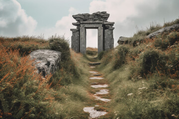 Fototapeta premium An old gate in the middle of a field with tall grass and rocks on either side, with a path leading to it. A stone arch situated on a hill, surrounded by a scenic landscape. Generative Ai