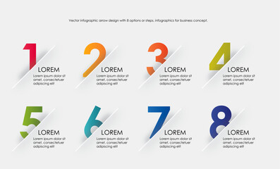 Modern vector flat illustration. Line infographic numbers template with eight elements, icons. Timeline designed for business, presentations, web design, interface, diagrams with 8 step multi colors