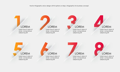 Vector infographic illustration. Line infographic numbers template with eight elements, icons. Timeline designed for business, presentations, web design, interface, diagrams with 8 step ornage colors