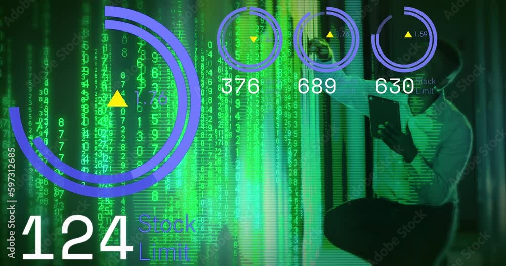 Poster animation of data processing with african american it technician by computer servers