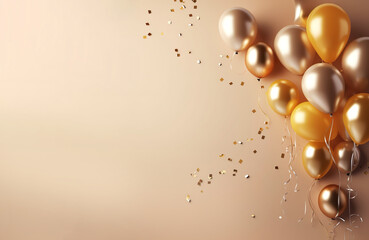 luxury decoration golden balloons, confetti, gift box copy space background. Generative AI