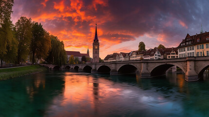 Incredible vivid cityscape. Scenic view Historical Old Town of Bern city with colorful sky, view on bridge over Aare river and church tower during dramatic sunset. generative ai