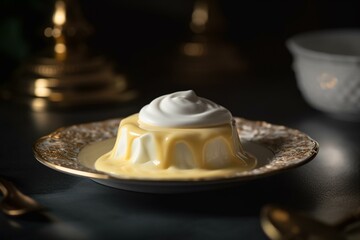 Golden lit plate of sweet cream. Generative AI