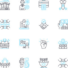Crew group linear icons set. Unity, Collaboration, Coherence, Organization, Cohesion, Cooperation, Fellowship line vector and concept signs. Partnership,Collaboration,Coordination outline